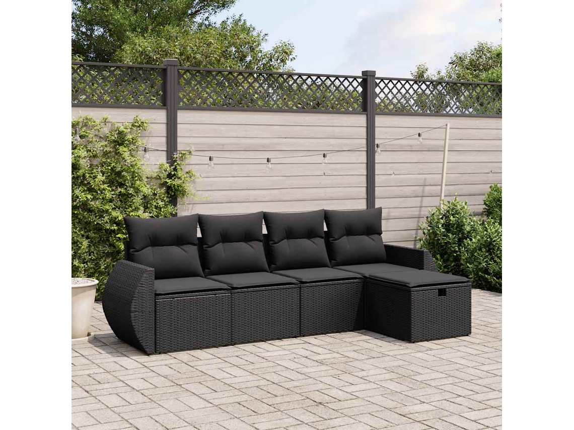 Vidaxl 5 Pcs Conjunto Sofás De Jardim Com Almofadões Vime Pe Preto