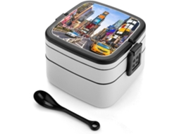 New York Times Marmita Bento Quadrada De Camada Dupla, 1000ml, Empilhável, À Prova De Vazamentos, Com Colher, Recipiente