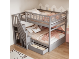 Cama 140x200cm Massivo Com Grade, Gavetas E Escada Cinza