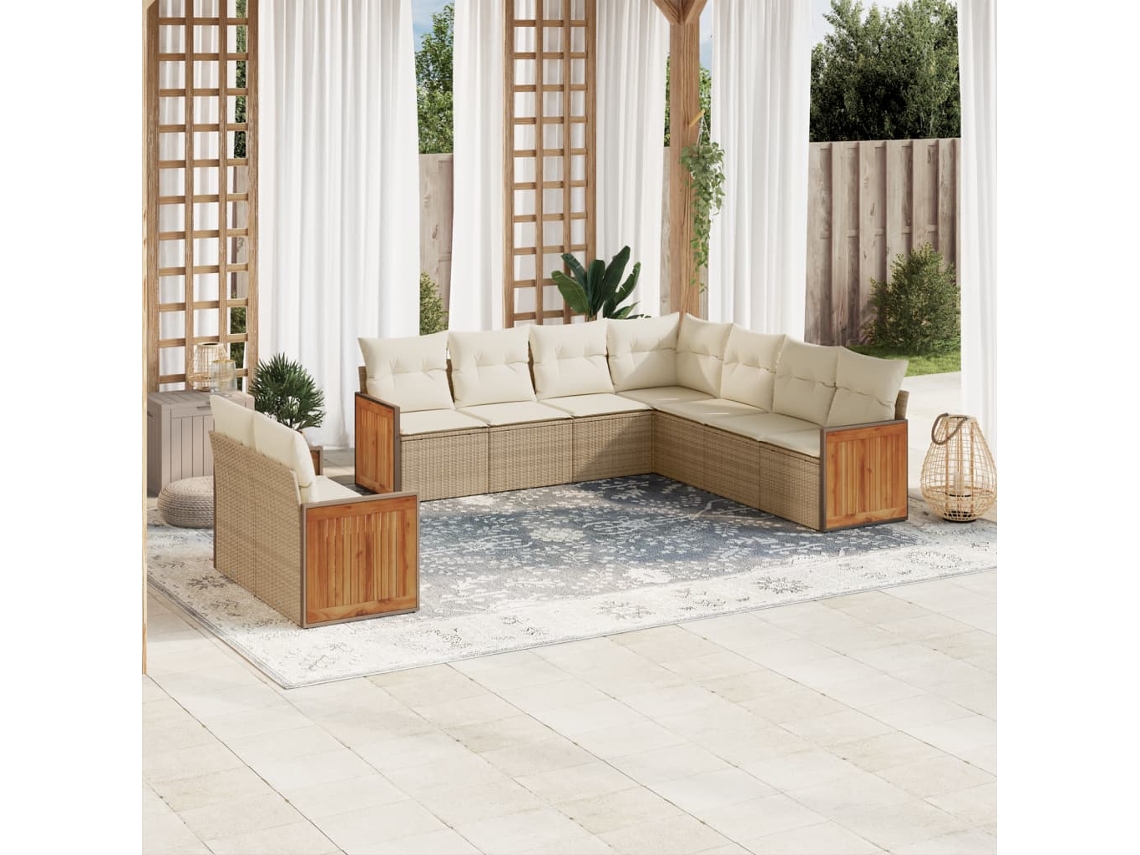 Vidaxl 9 Pcs Conjunto De Sofás P/ Jardim Com Almofadões Vime Pe Bege