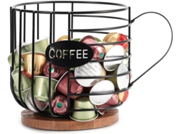 Organizador De Cápsulas Café, Suporte Para Bancada, Cesto Grande Arame Preto Com Fundo Madeira.
