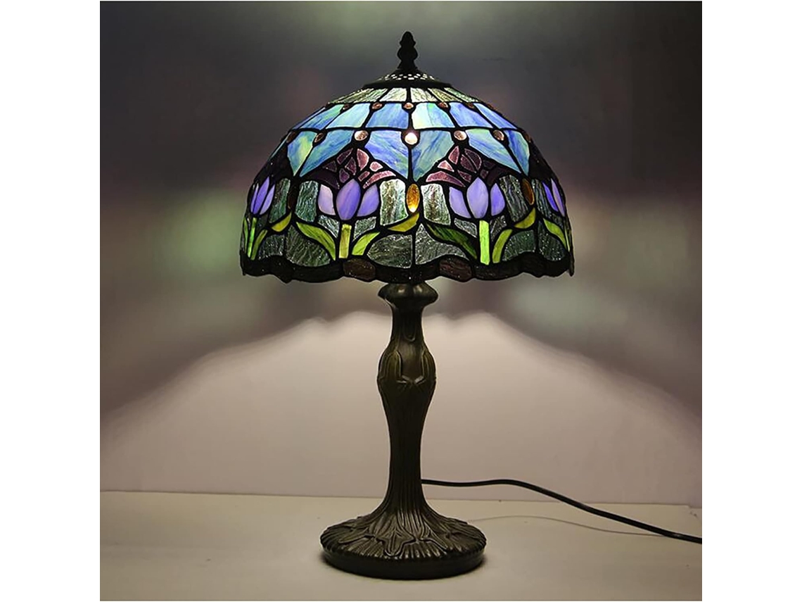 Abajur De Mesa Botowi Estilo Tiffany, Com Cúpula De Vidro Em Formato Tulipa Roxa, 30cm 12 Polegadas, Ideal Para Quarto