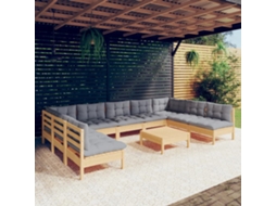 Conjunto 10pcs Lounge De Jardim Almofadões Cinza Pinho Maciço Dkd Home Decor