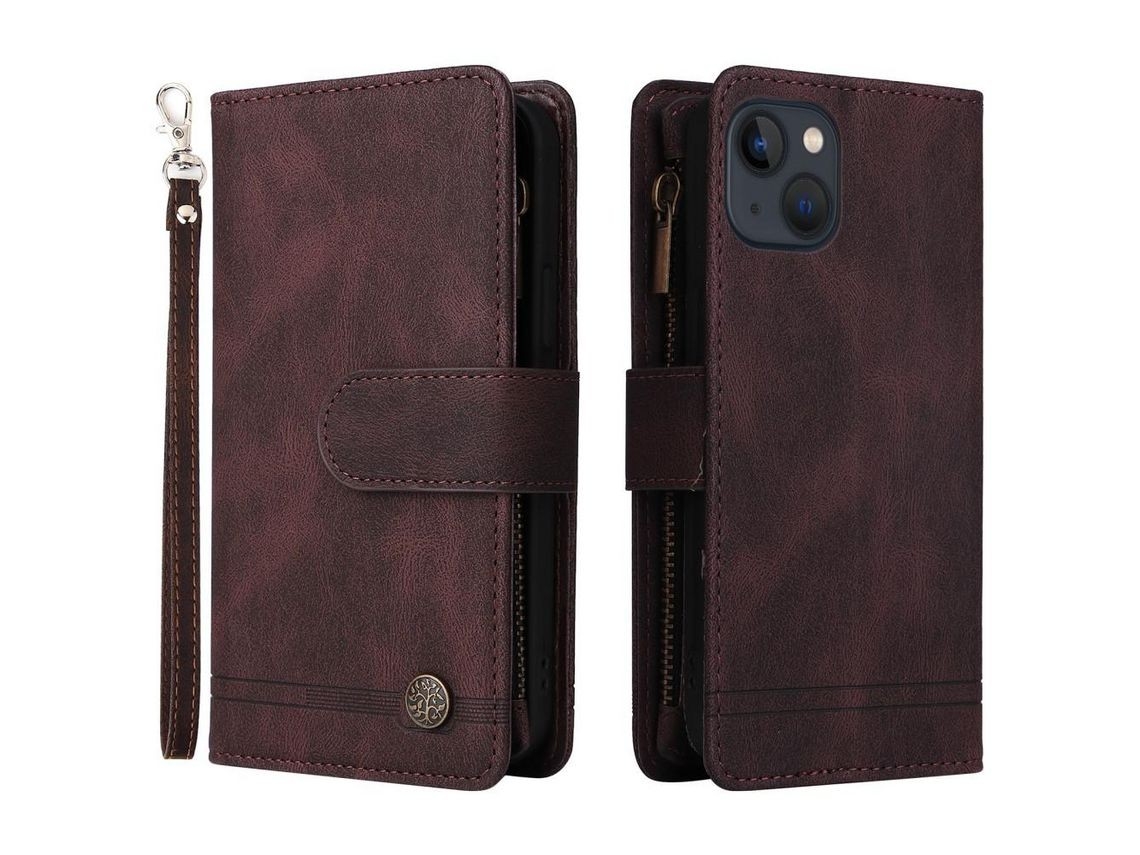 Capa de couro PU listrada marrom com compartimentos para cartões e zíper para iPhone 13 de 6,1 polegadas.
