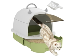 Caixa De Areia Para Gatos Com Bandeja Integrada, Alça Para Transporte E Porta Translúcida, 40,5 X 52 X 39 Cm, Verde.