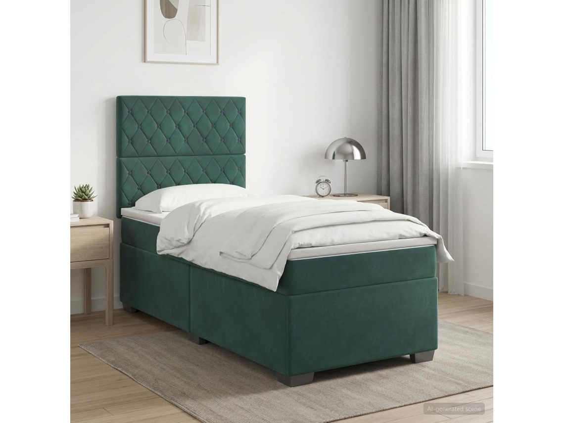 Vidaxl Cama Box Spring Com Colchão Verde-escuro 100 X 200 Cm Veludo