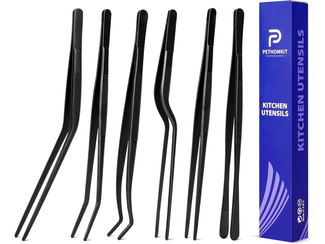 Conjunto De 6 Pinças Cozinha 20cm 8 Polegadas, Em Aço Inoxidável, Para Cozinhar, Decorar E Empratar, Na Cor Preta