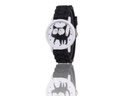 Relógio de pulso de quartzo com pulseira de silicone, gatinho fofo de olhos grandes, mostrador redondo preto.