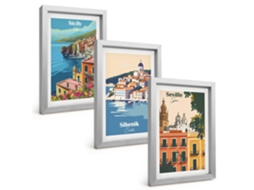 Composição De Quadros Na Paredepaisagens Urbanas Com Prédios Moldura Prateada Quadros Para A Sala De Estar Espelharte (3 Peças 20x30 Cm)