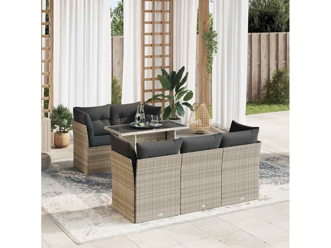 Vidaxl 6 Pcs Conj. Sofás Jardim Com Almofadões Vime Pe Cinzento-claro