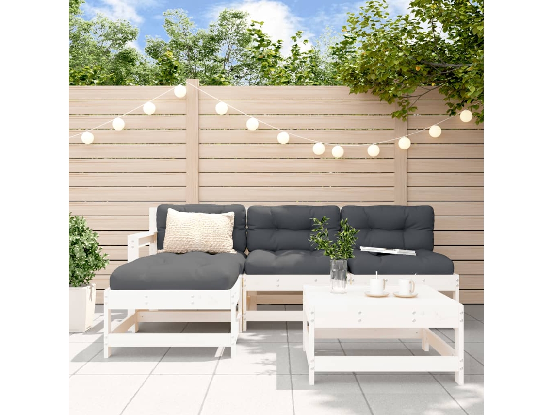 Vidaxl 5pcs Conjunto Lounge Jardim C/ Almofadões Madeira Maciça Branco