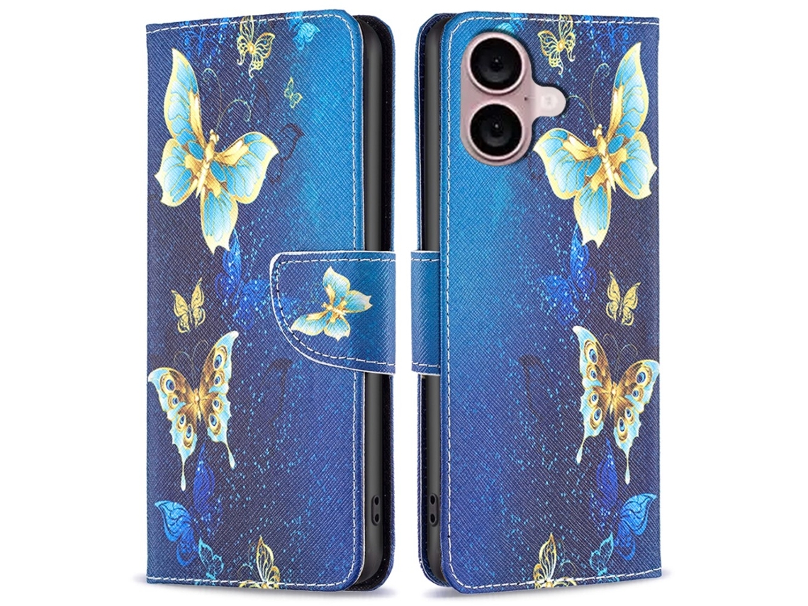 Capa Em Couro Pu Para Apple Iphone 16 - Borboletas Douradas