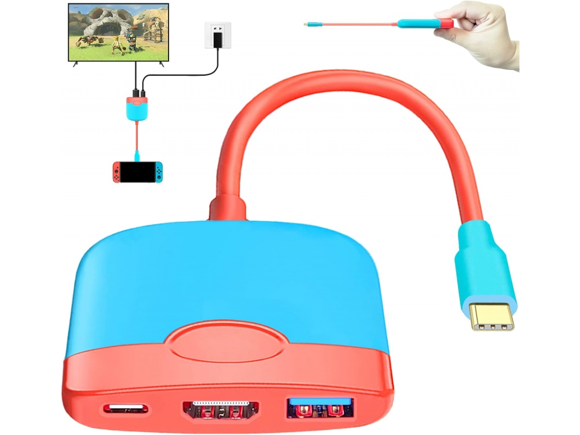 Dock Portátil Para Switch Com Adaptador Hdmi (vermelho E Azul), 3 Em 1, Usb-c
