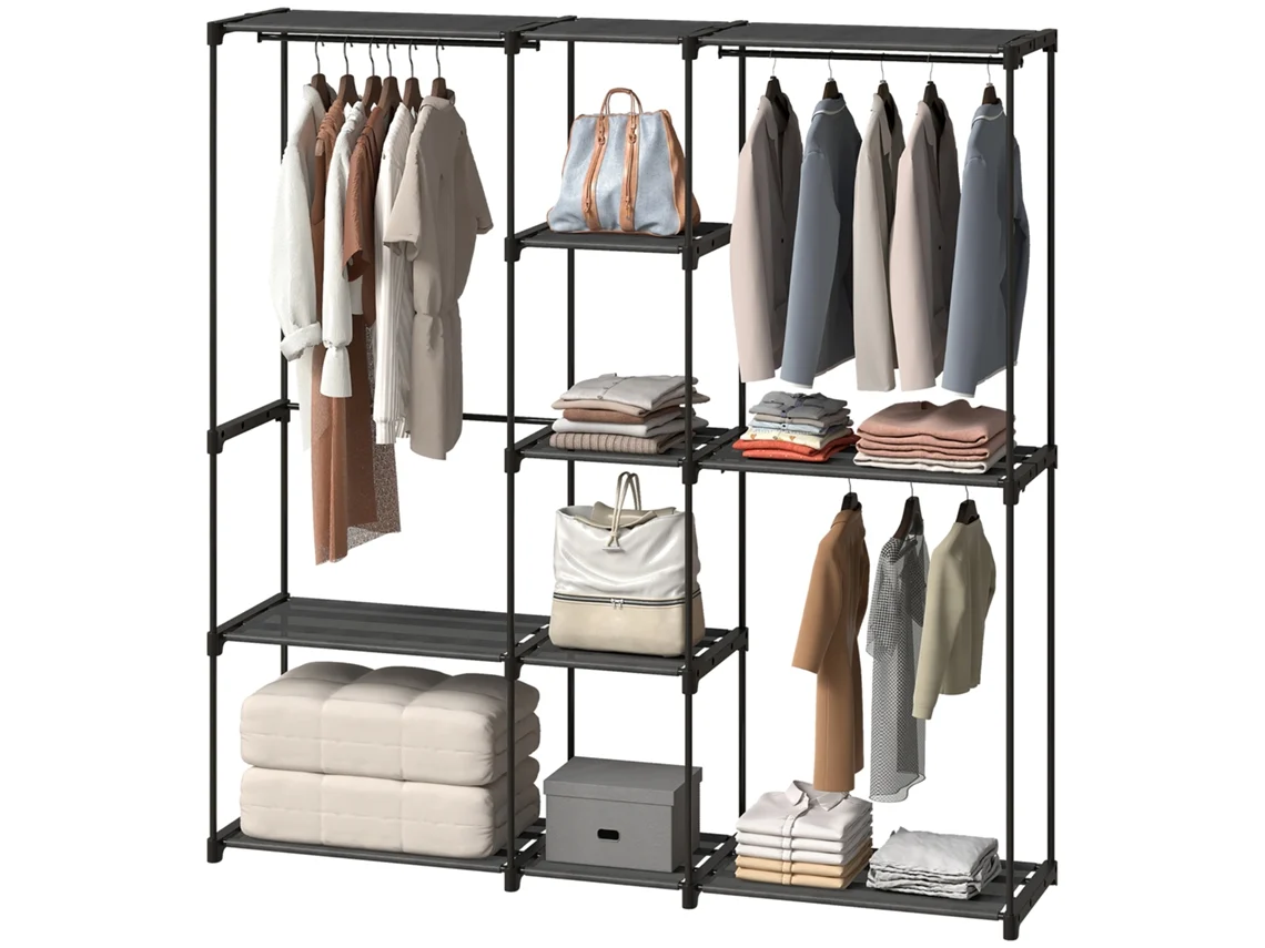 Guarda-roupa Aberto 182x43x185cm Com 8 Prateleiras Tecido E Barras, Estrutura Aço, Preto
