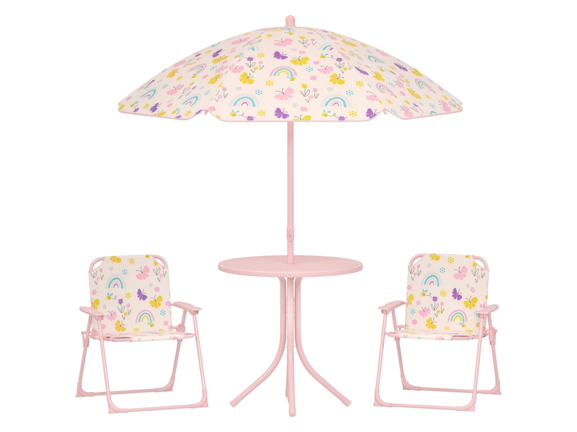 Conjunto de Jardim para Crianças de 2 a 5 Anos com Mesa de Centro Redonda. 2 Cadeiras Dobráveis e um Guarda chuva. Rosa Ge