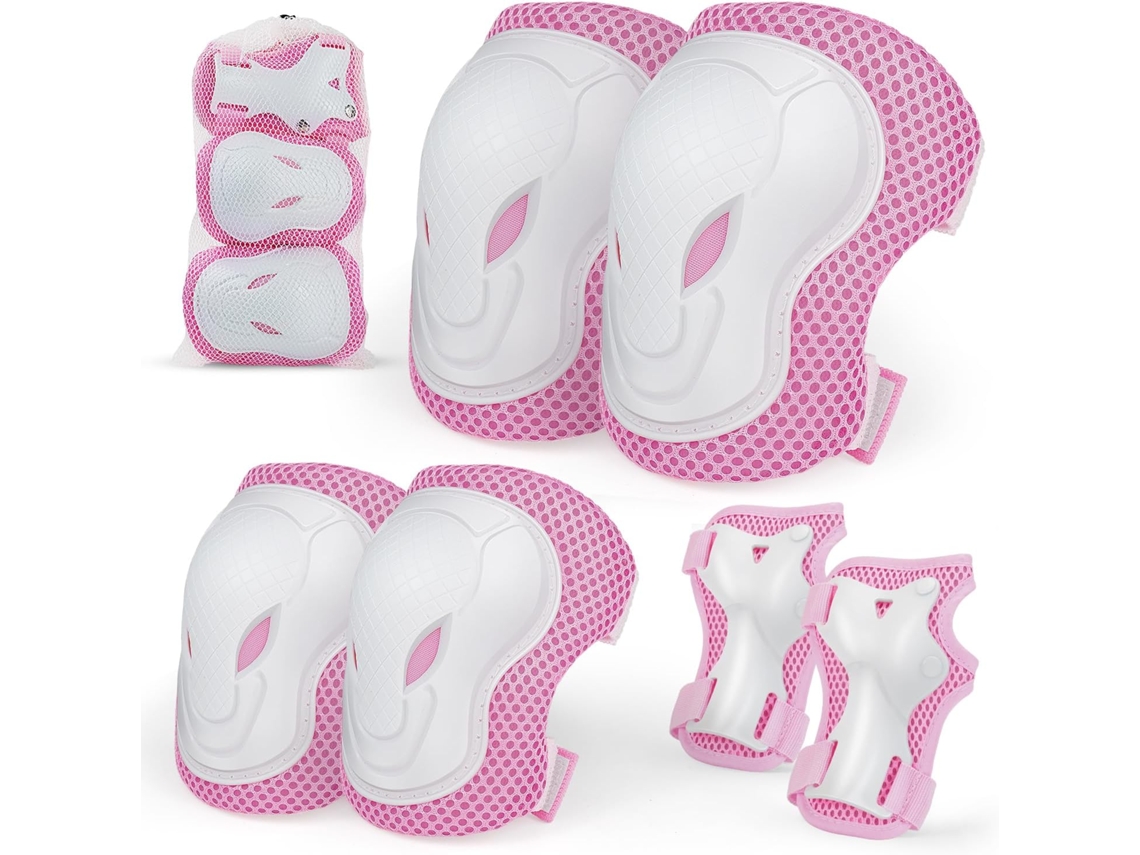 Joelheiras Cotoveleiras Infantis Conjunto Proteção Ajustável 6em1 Esportes Bolsa Malha Rosa