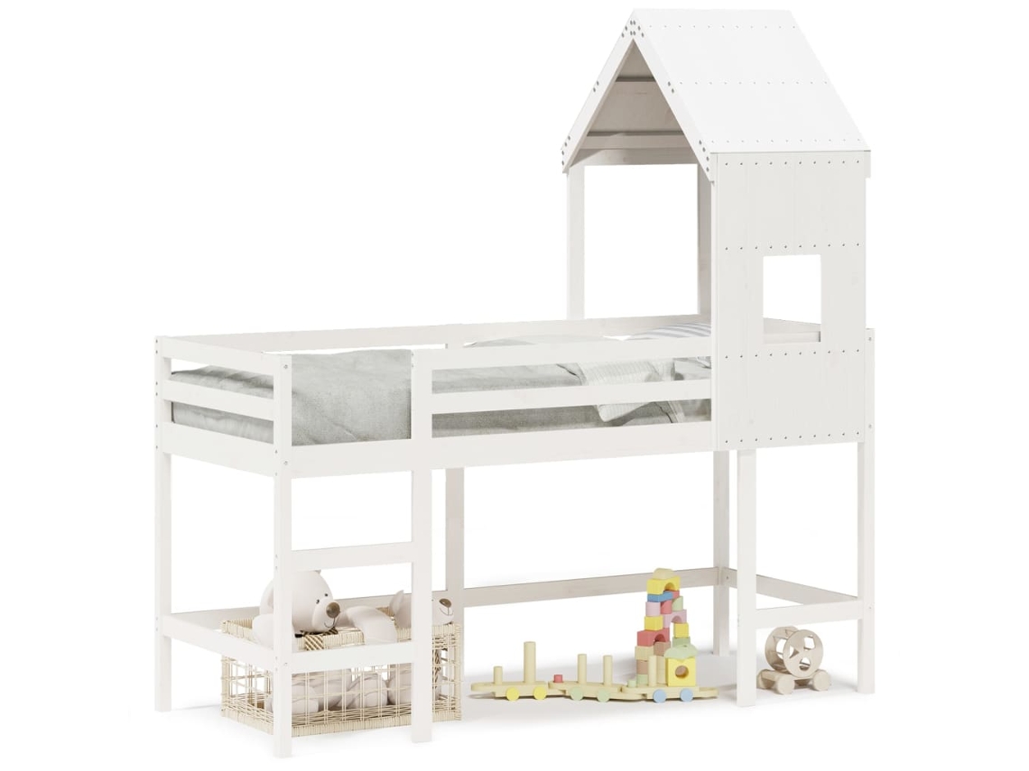 Cama Alta C/ Escada E Telhado 80x200 Cm Pinho Maciço Branco Dkd Home Decor