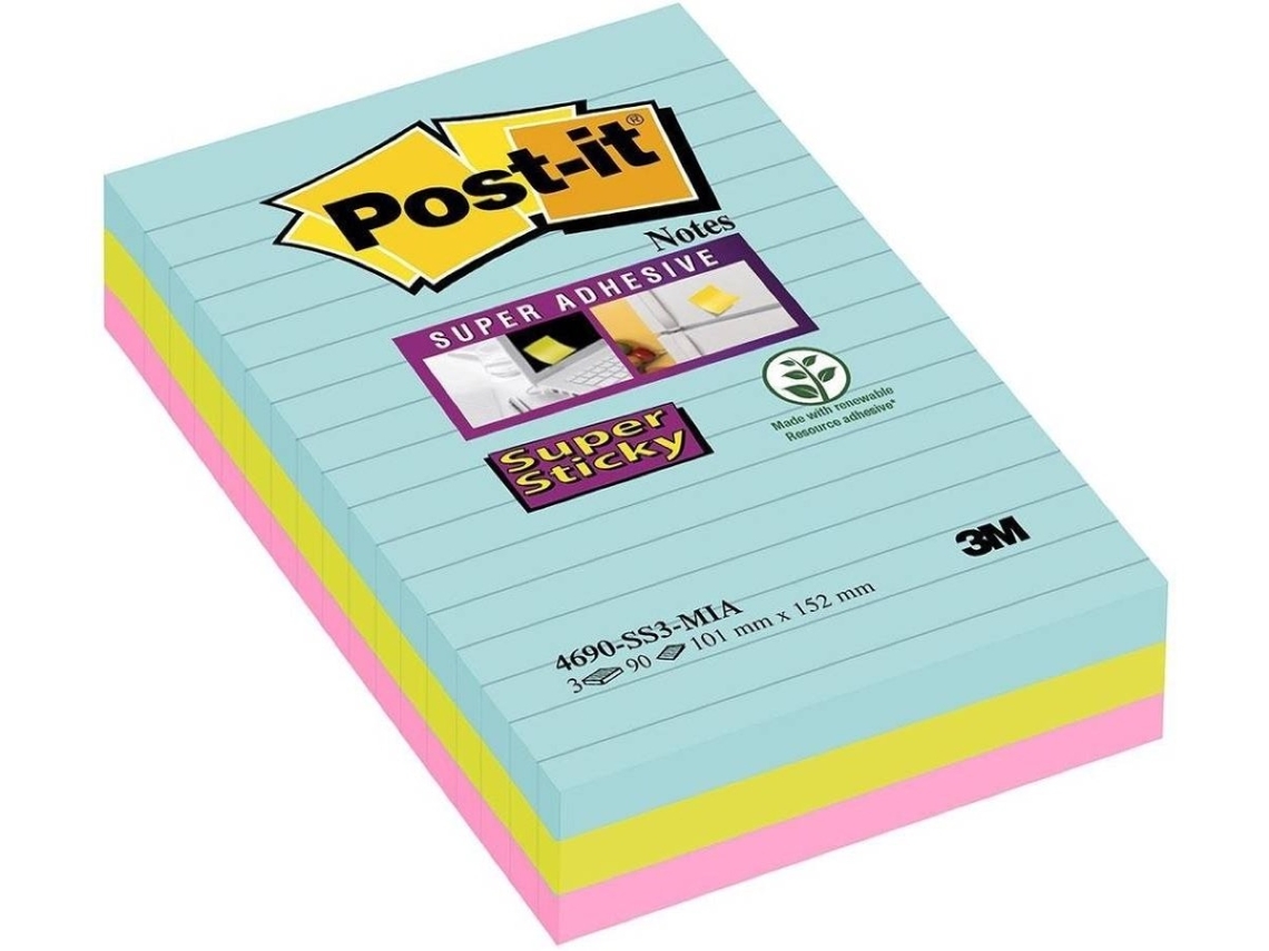 Post-It Bloco de Notas Pautadas Super Sticky Notes, 101 x 152 mm, Coleção Miami Colour, 90 Folhas, Pack 3 Unidades
