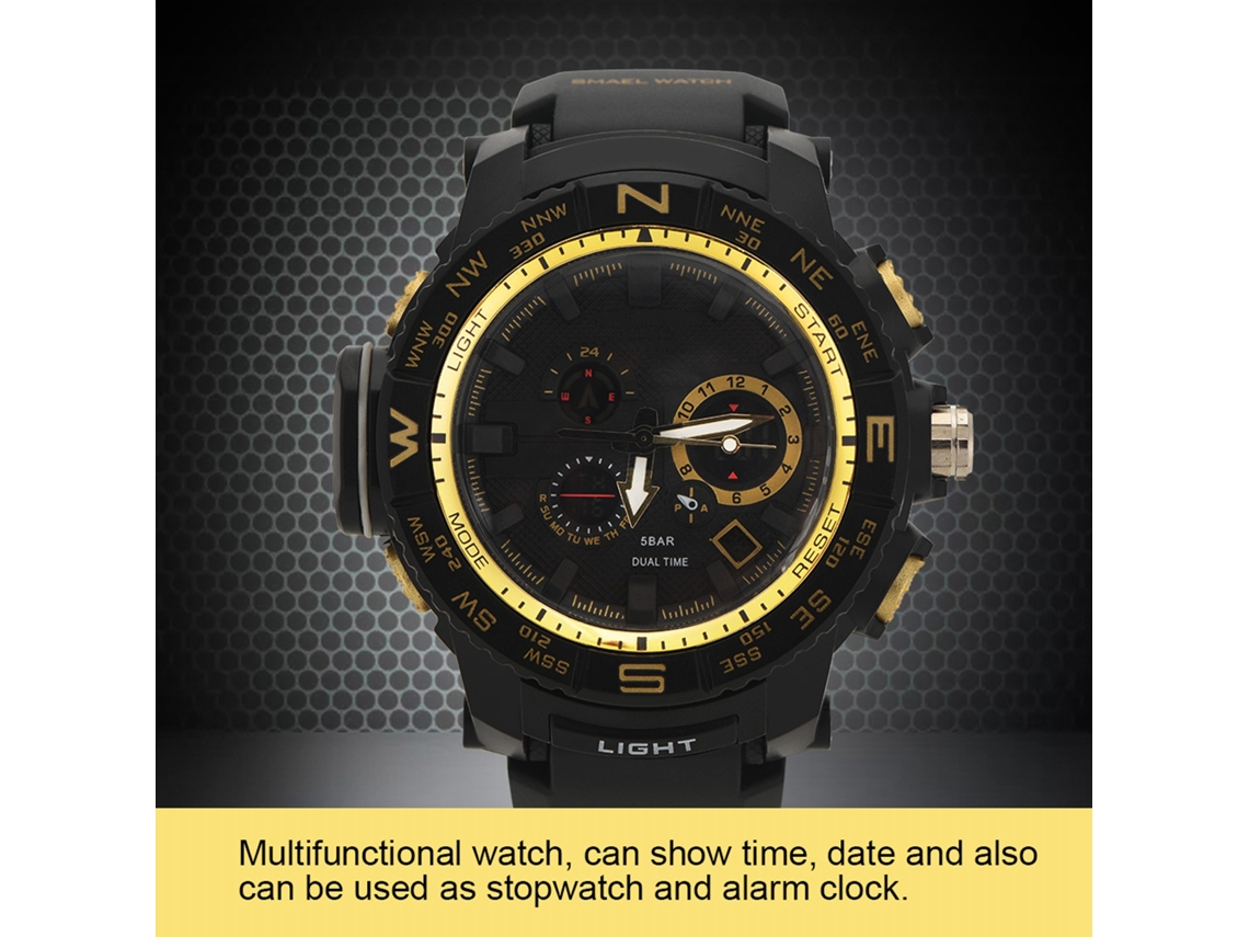 Reloj Hombre Multifuncional Dual Display Analógico Y Digital Redondo Oro Negro