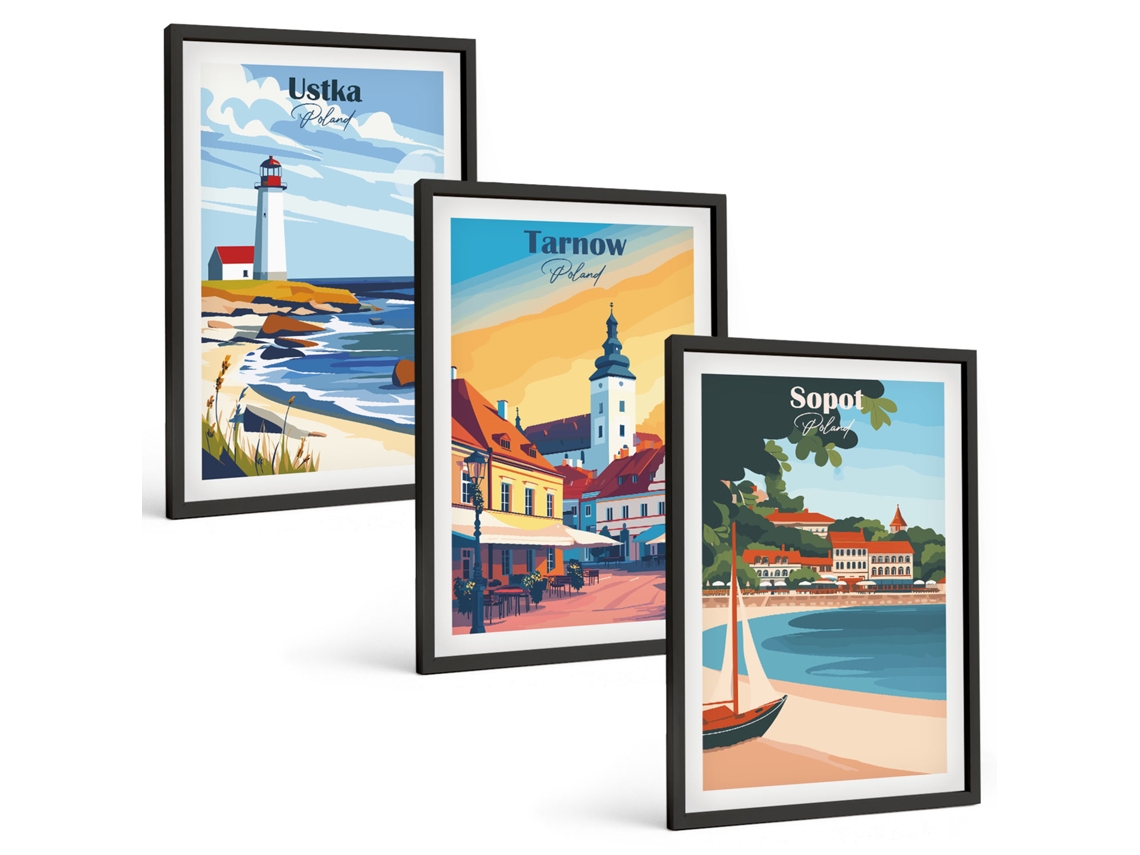 Composição De Quadros Na Parede Vistas Da Cidade De Ustka, Tarnów E Sopot Moldura Preta Fotos Para O Escritório Espelharte (3 Piezas De 40x60 Cm)