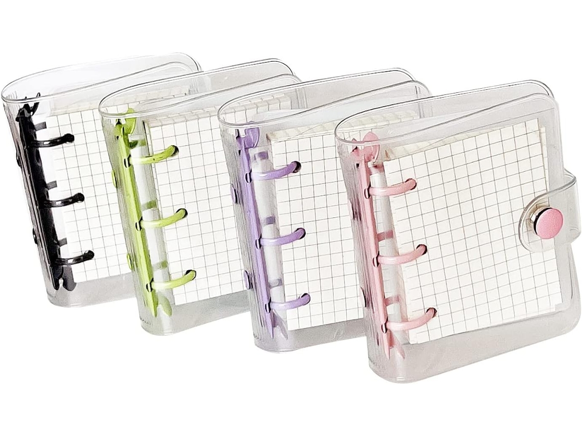 Pacote Com 4 Mini Capas Transparentes Fichário De 3 Argolas Página Interna Quadriculada E 12 Bolsos Peças Conjunto