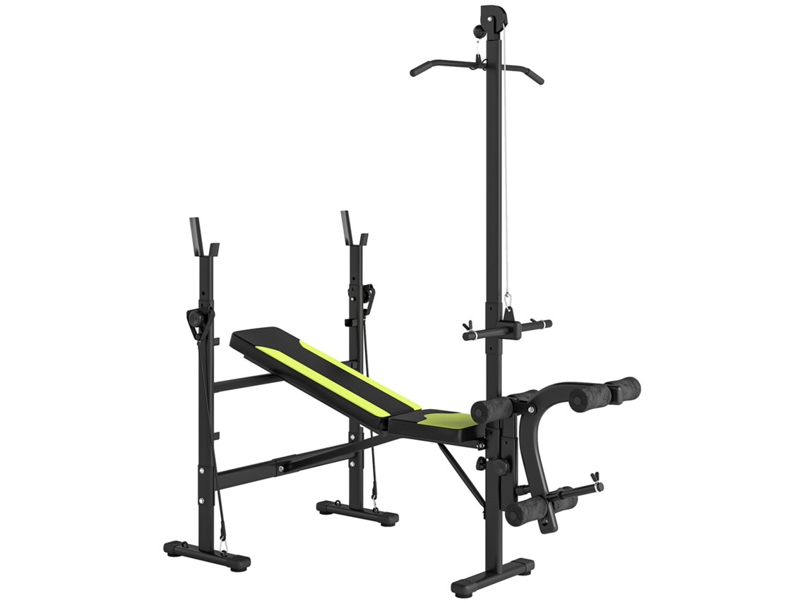 Banco De Musculação Completo Com Encosto Regulável, Equipado Com Cordas De Tração, Curl E Suportes De Barra.