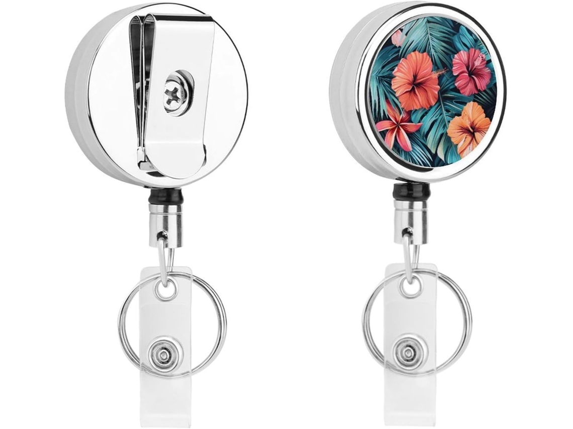 Porta Crachá Retrátil Havaiano Com Estampa De Folha De Palmeira Tropical, Moderno E Durável, Em Metal, Com Cordão De