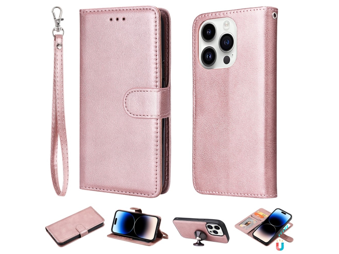 Capa Para Iphone 15 Pro Pele Sintética Magnética Com Porta-cartões Rosa