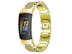 Lurelia Pulseira De Aço Inoxidável Gold Diamond, Compatível Com Fitbit Charge 5, Acabamento Moderno