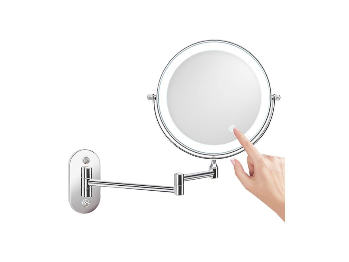 Espelho De Parede Com Lupa Led 8", Recarregável Via Usb, 1x/5x, Prata, 360° Rotação, Luz Ajustável