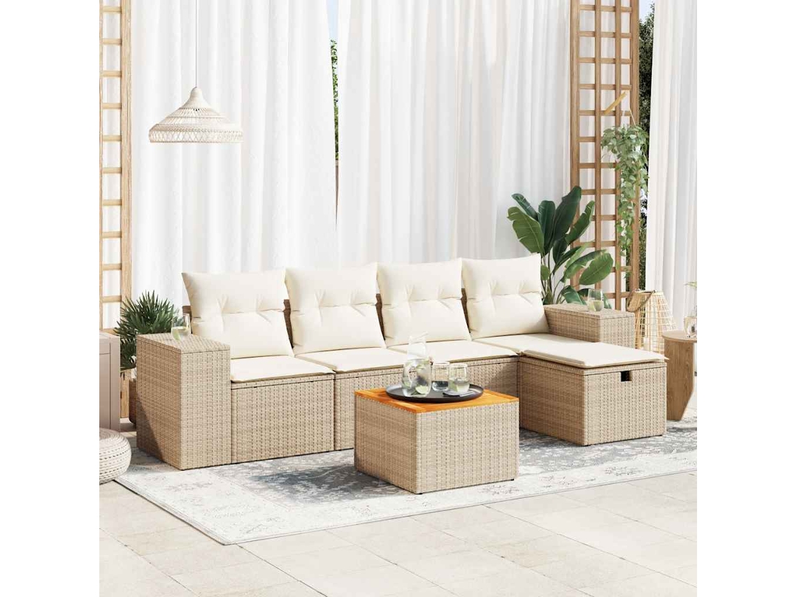 Vidaxl 6 Pcs Conjunto De Sofás P/ Jardim Com Almofadões Vime Pe Bege