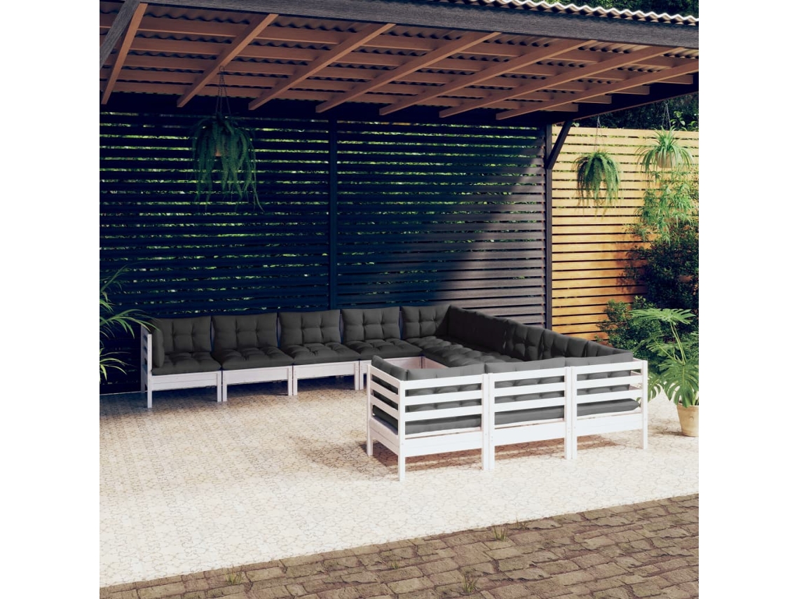 Vidaxl 11 Pcs Conjunto Lounge De Jardim C/ Almofadões Pinho Branco