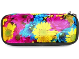 Amplo espaço de armazenamento com estampa floral de girassóis, organizador de canetas, essencial para mochilas e bolsas escolares.