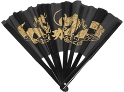 Éventail Pliant Tai Chi En Bambou 1,2 Pieds Noir Motifs Dorés Double Dragon,