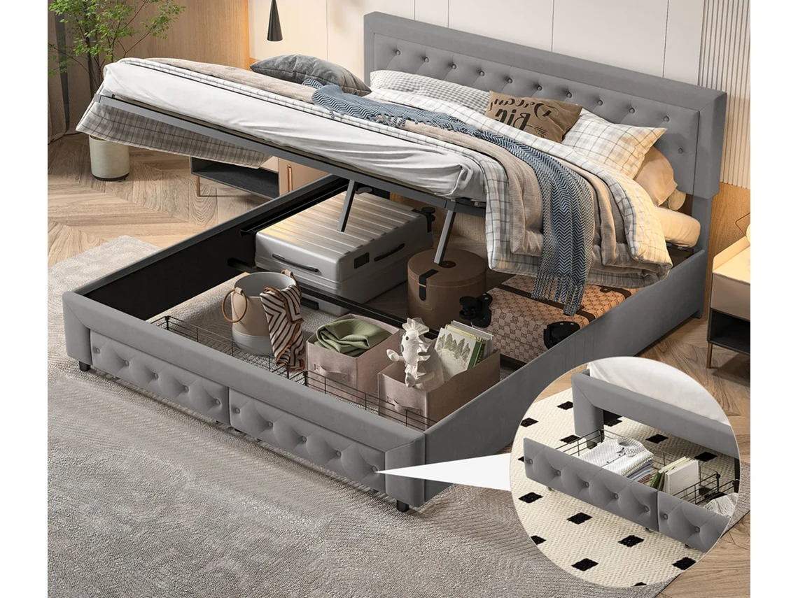 Cama De Casal 160x200 Cm, Cama Estofada, Com Caixa De Armazenamento, 2 Gavetas, Tecido De Veludo Cinza