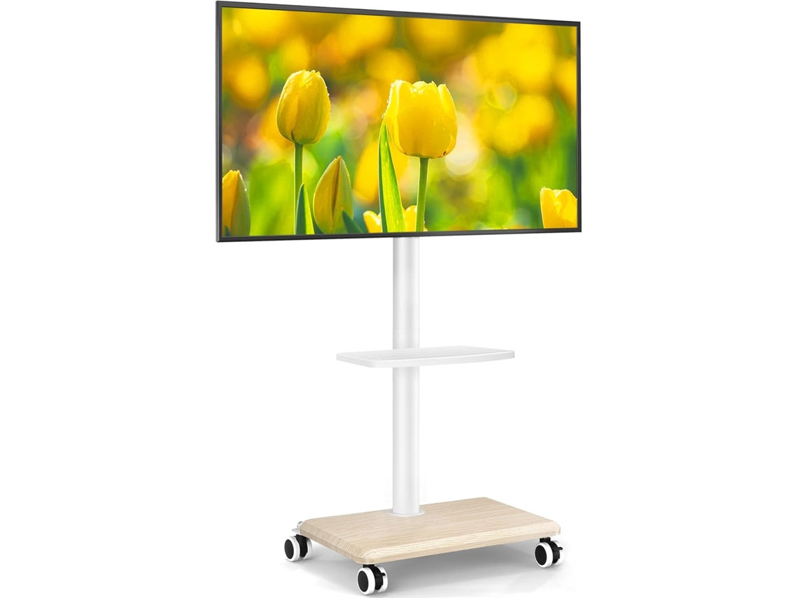 Suporte de TV branco com rodízios, altura ajustável e giratório, para TVs de 27 a 55 polegadas.