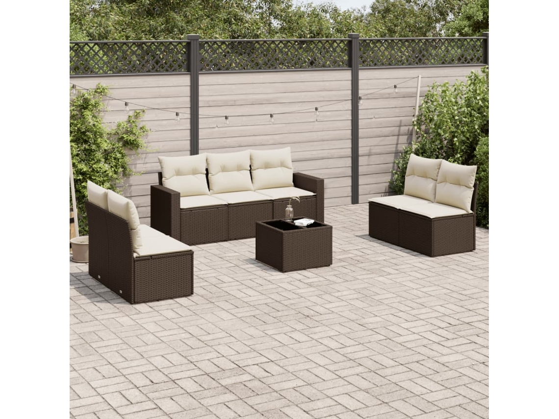 Vidaxl 8 Pcs Conjunto Sofás De Jardim C/ Almofadões Vime Pe Castanho