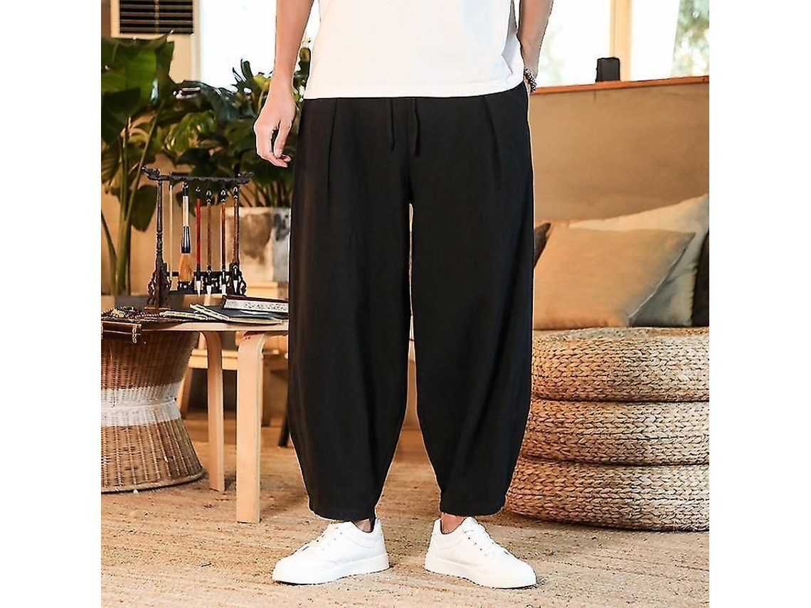 Calças largas masculinas japonesas de algodão e linho, modelo 2026, tamanhos M a 5XL.