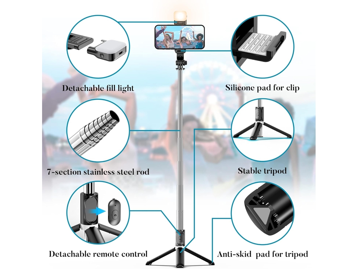 Lurelia Tripé Para Selfie Bluetooth, Com Controlo Remoto, Com Luz Led, Extensível, Rotação 360°, Para Telemóvel, Preto