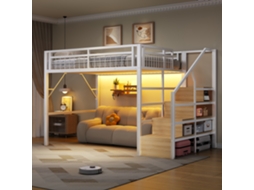 Cama Elevada 140x200cm Com Led Estante Metal Branco Sem Colchão