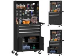 Carrinho de ferramentas com 3 gavetas, quadro de forronamentos, chave de chave, prateleira ajustável, 2 rodas com freio preto S/MARCA