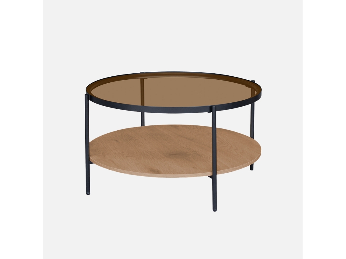 Mesa De Centro Redonda Com Dois Tampos De Vidro, Decoração Em Madeira E Metal, Natural Sweeek