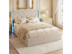 Cama de Casal 160x200 Cm, com Arrumação Hidráulica, Estrutura de Cama Estofada em Veludo com Cabeceira de Abas e Iluminação Led, Bege RESETIZE