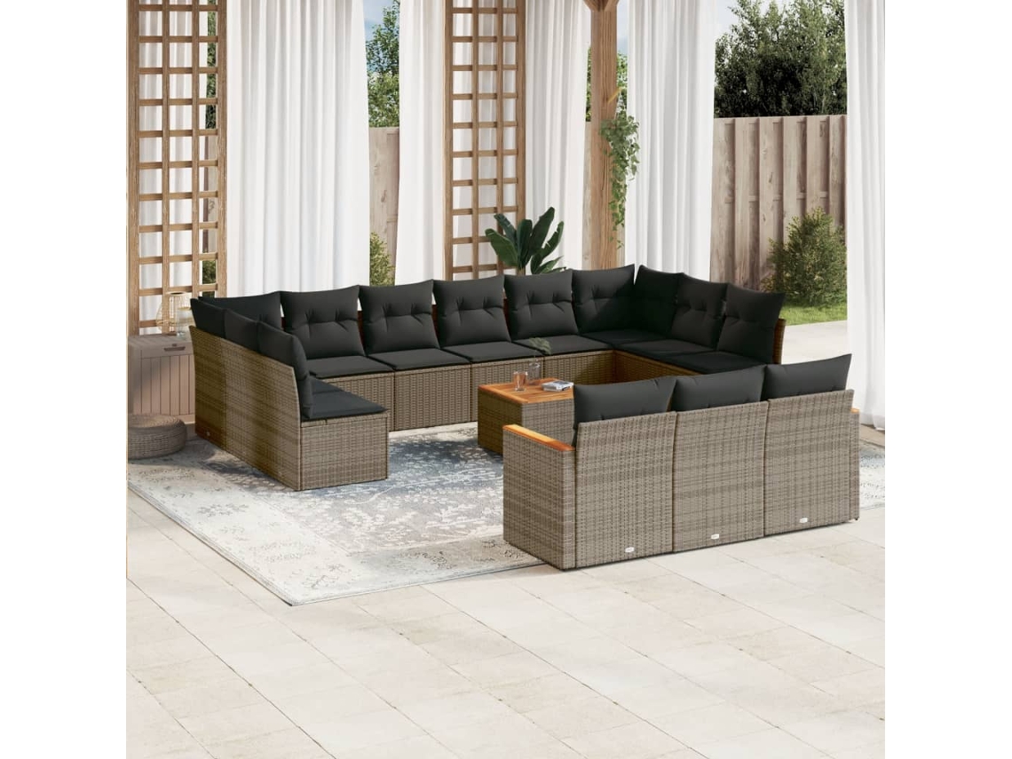 14 Pcs Conjunto Sofás P/ Jardim C/ Almofadões Vime Pe Cinza Dkd Home Decor