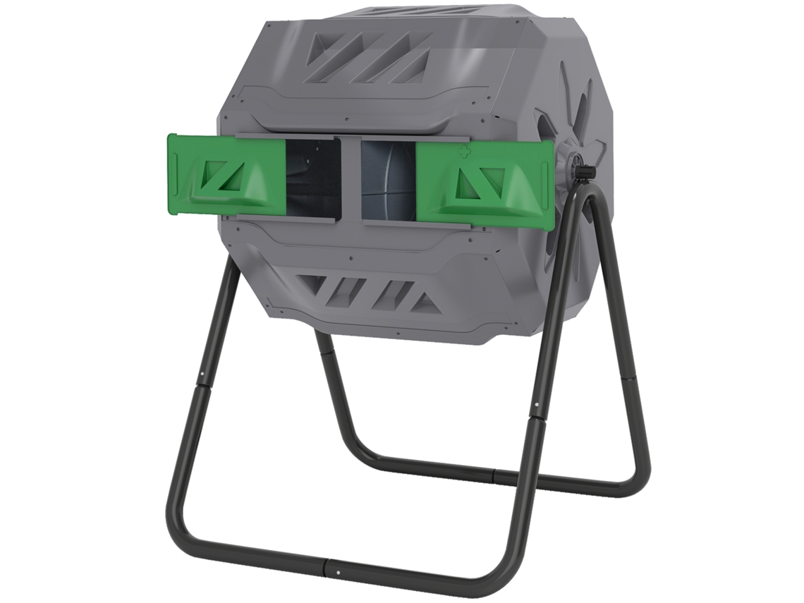 Compostor De Tambor Giratório Com Capacidade 160l De Dupla Câmara E Ventilação Para Resíduos Orgânicos 71x65x96 Cm Cinza E Verde