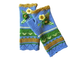 Luvas de Inverno Sem Dedos na Moda para Mulheres Aquecedores de Pulso de Malha com Bordado Floral Amarelo TAISHENGDA