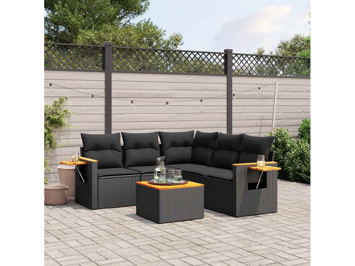 Vidaxl 6 Pcs Conjunto Sofás De Jardim C/ Almofadões Vime Pe Preto