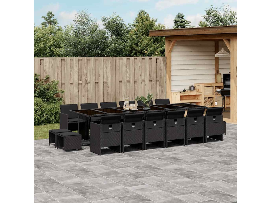 Vidaxl 17 Pcs Conjunto De Jantar P/ Jardim C/ Almofadões Vime Pe Preto