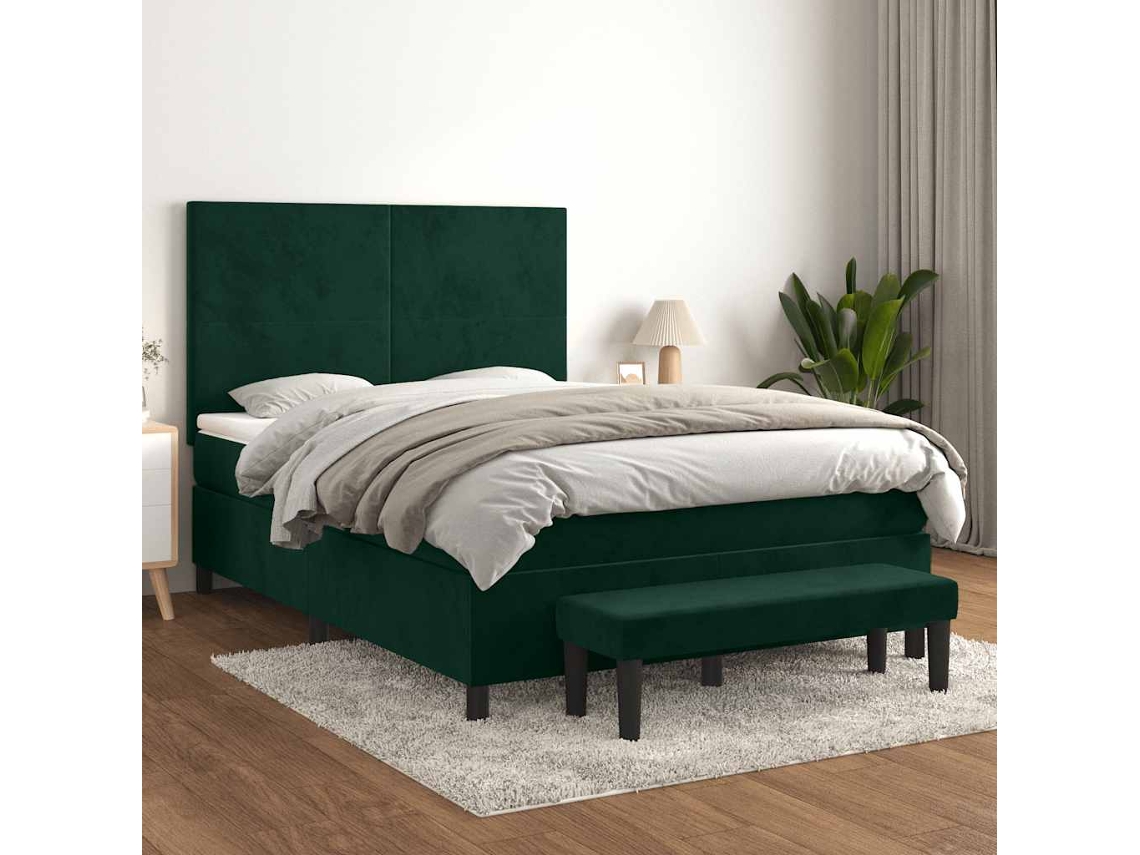 Vidaxl Cama Com Molas/colchão 140x190 Cm Veludo Verde-escuro