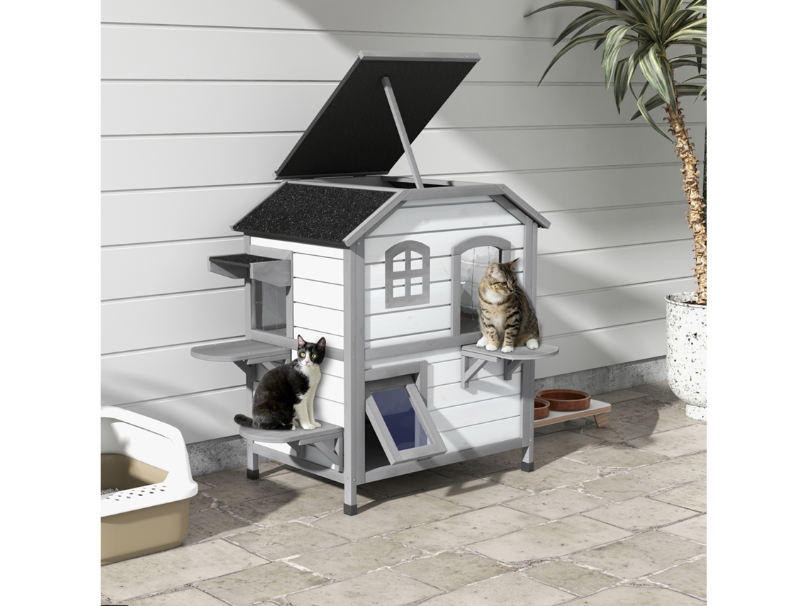 Caverna Para Gatos Com 2 Andares, Casinha Resistente Ao Clima, 99,5x76x91cm, Nas Cores Branco E Cinza
